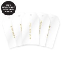 10 MIXED MESSAGE TAGS GOLD ON WHITE GLOSS